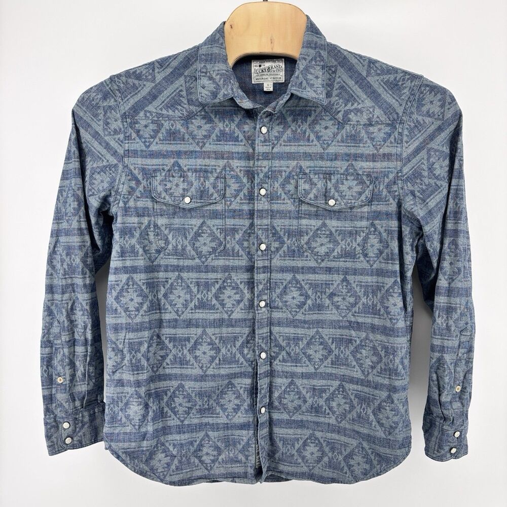 Lucky Brand Saturday Stretch Western Shirt Mens L Blue Aztec Southwestern